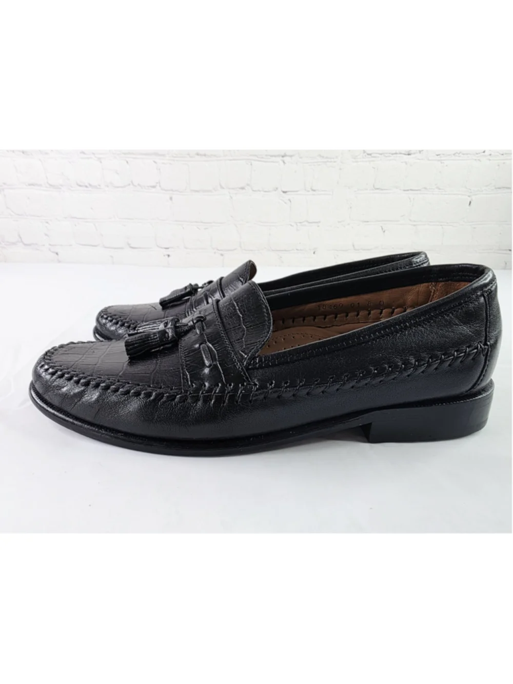 Florsheim Men Moc Toe Black Croc Print Leather Tassel Loafer Size 10.5